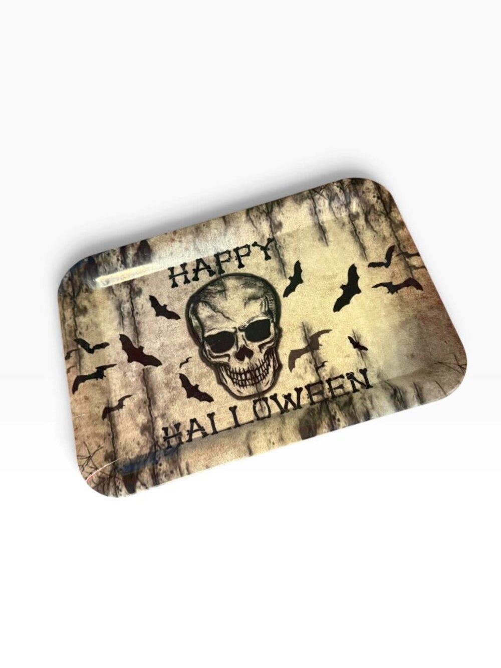 Vintage-Style Halloween Skull & Bats Decorative Tray – Happy Halloween